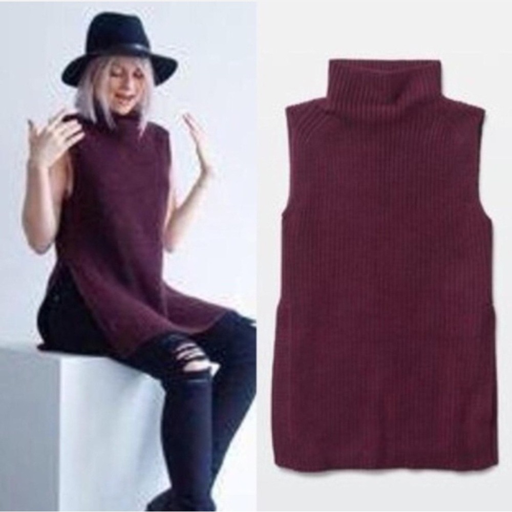Wilfred Aritzia Durandal Wool Turtleneck Sweater Vest Burgundy Ribbed Tunic L